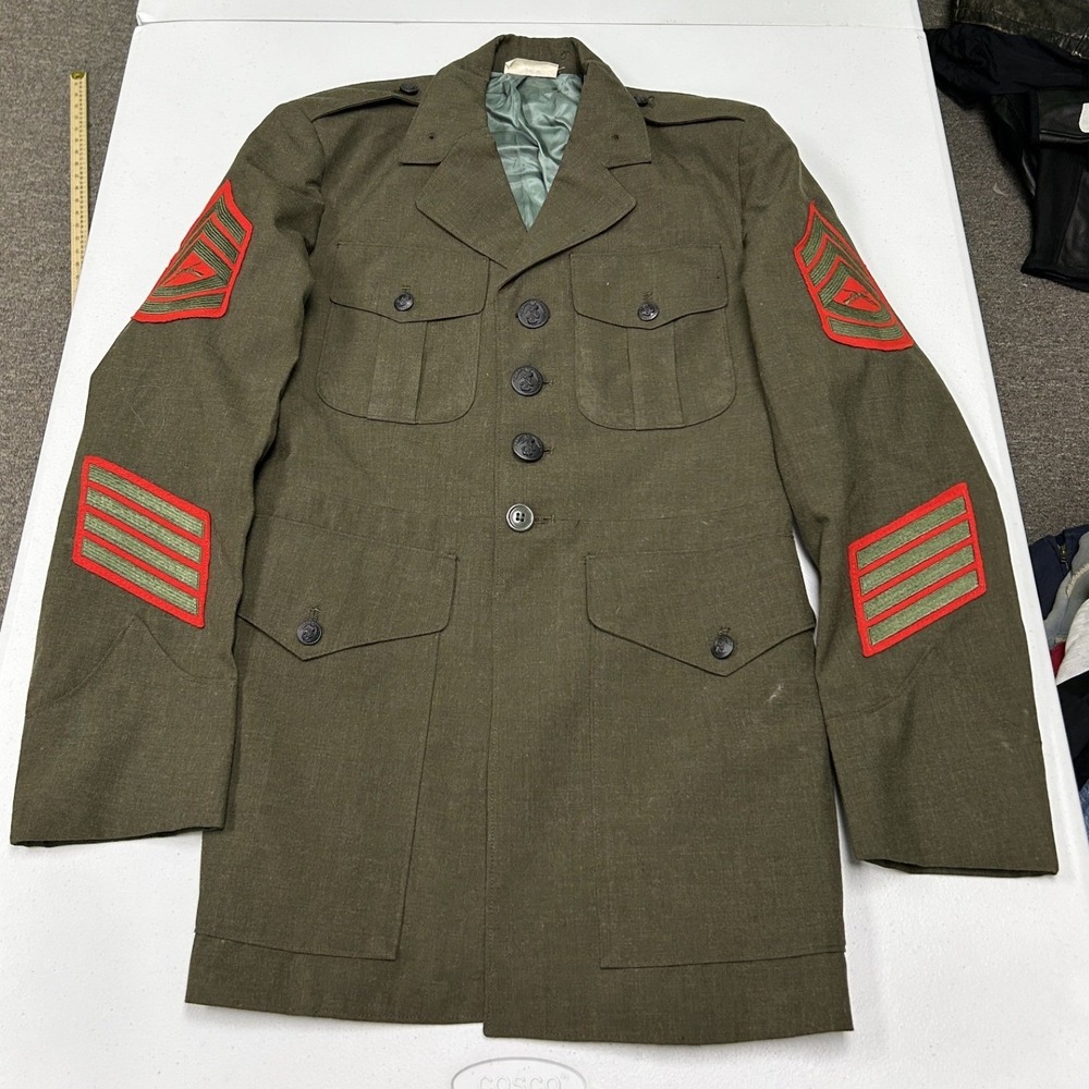 USMC Service Alpha Jacket Mens 38S Green Poly-Wool Tropical Uniform Coat D1